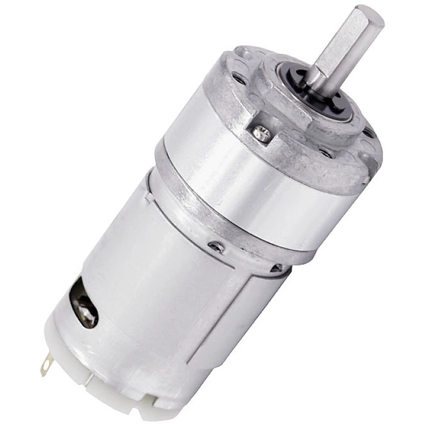 Ein zylindrischer Elektromotor in Metallgehäuse mit sichtbarer Antriebswelle, geeignet für technische Anwendungen oder Modellbau.